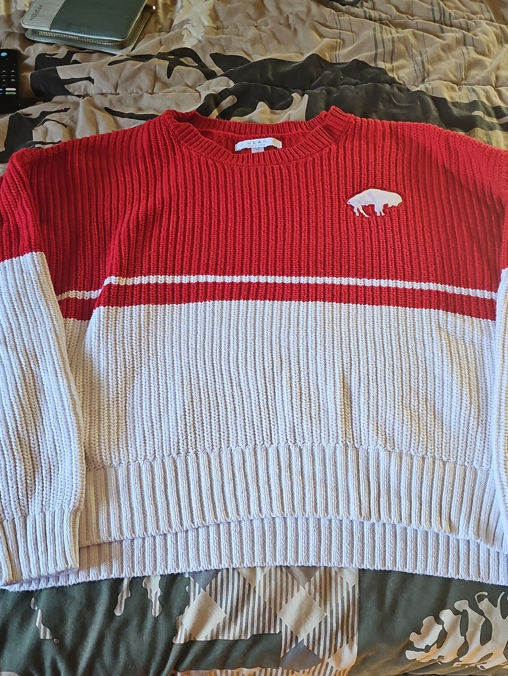 Two-Tone Red and White Crewneck Sweater w/ Buffalo Logo. Perfect For Bills Mafia